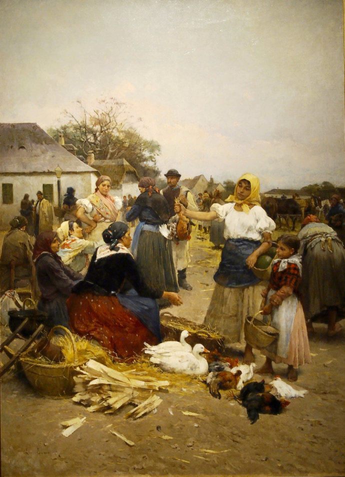 看19世纪匈牙利油画展家禽集市.布面油画.96x132cm.作于1885年.
