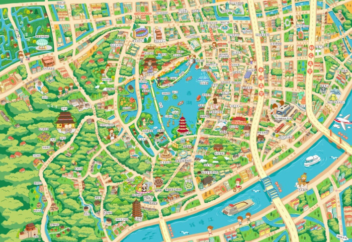 Q版卡通杭州手绘旅游攻略地图|商业插画|插画