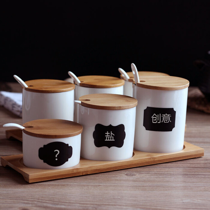 创意可写陶瓷调味罐套装带竹底座 竹木纯白调味瓶盐罐味精瓶