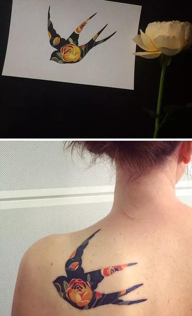 sasha unisex俄罗斯文身艺术家纹身作品不寻常的水彩纹身肩部纹身燕子
