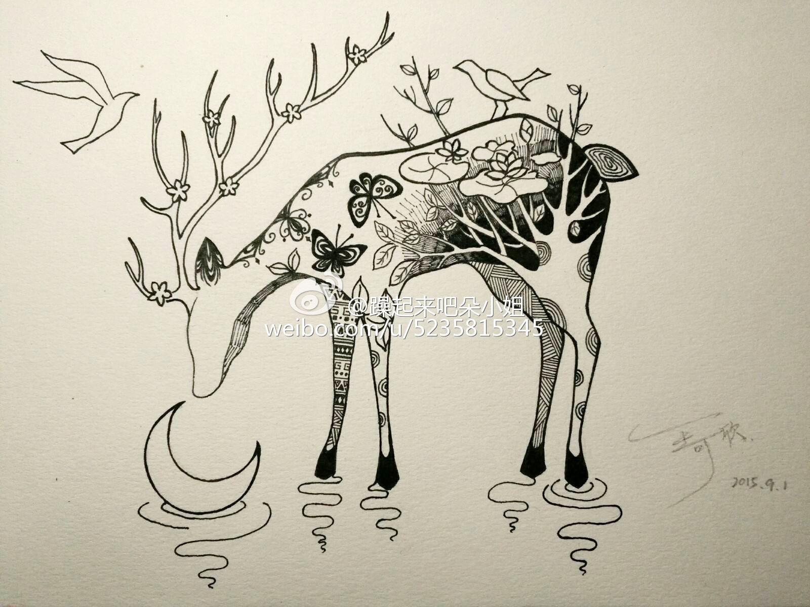 dorothy wang: 黑白装饰画 麋鹿之森 温柔月色 文艺 原创插画 微博