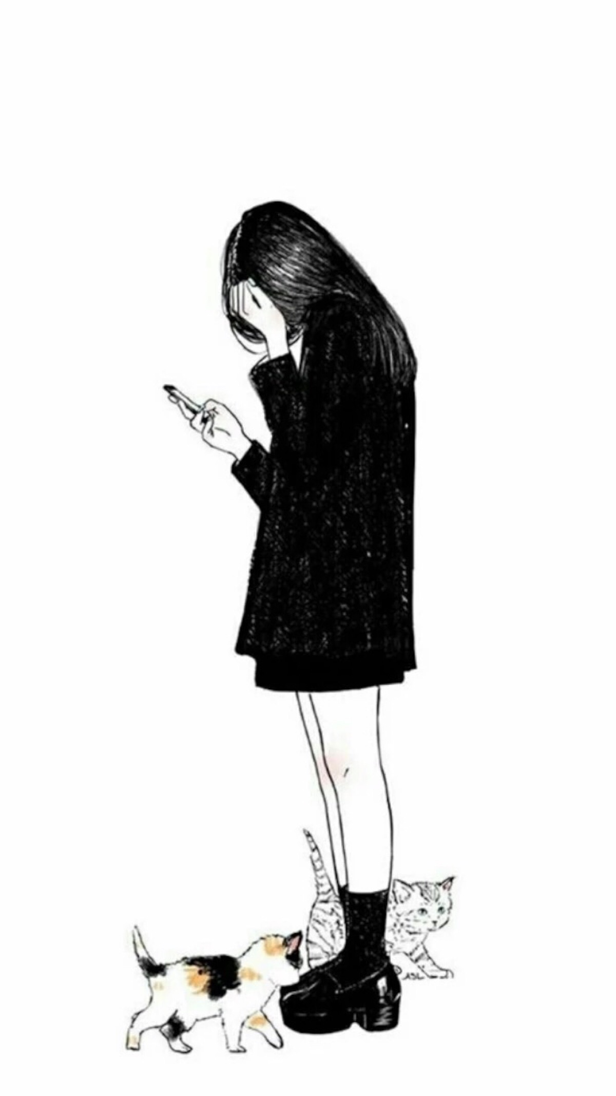 插画 长发女孩 简约 文艺 清新 自然 唯美 黑白系 头像 手机壁纸 聊天