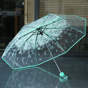 浪漫樱花三折手开透明伞折叠雨伞时尚韩版公主伞 长柄透明雨伞