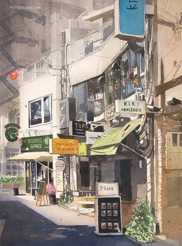 一组来自水彩画家渡部政人的日本城市街头风光水彩画,老城味道,美的不