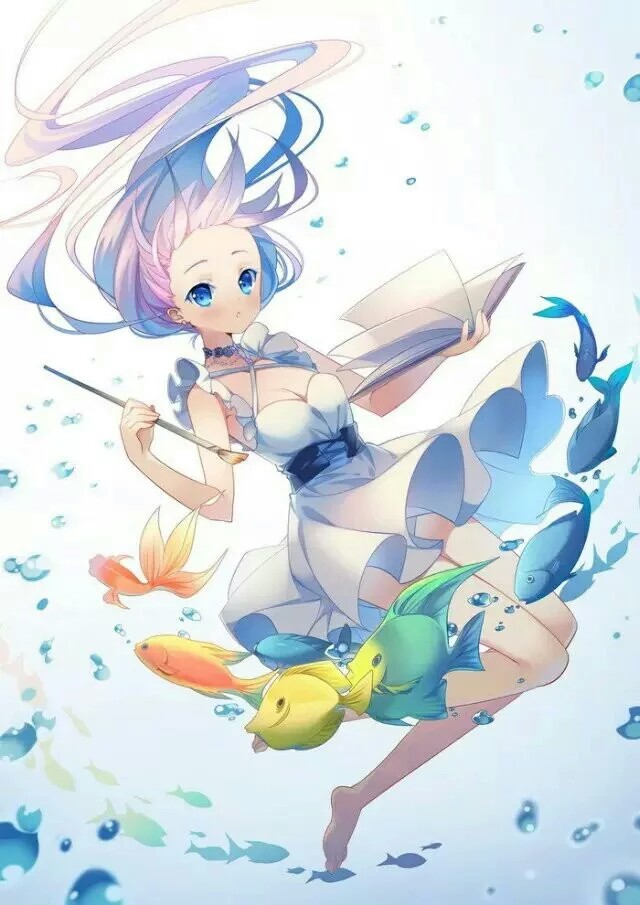 二次元 动漫 海 梦幻 深海少女 溺水 星空 蓝色 天空 侵删