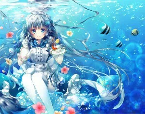 二次元 动漫 海 梦幻 深海少女 溺水 星空 蓝色 天空 侵删