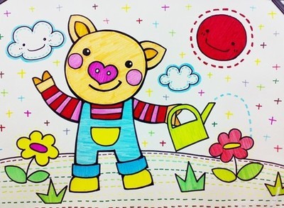 幼儿,儿童,插画,彩色卡通小猪,浇花,来自幸福的像花蜜儿