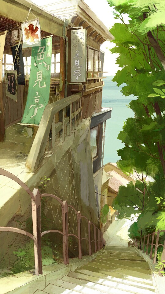 动漫 二次元 壁纸 风景 背景 日本 小屋 楼梯 树海