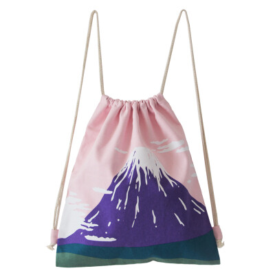 原创日式富士山粉色帆布双肩背包 抽绳包收…