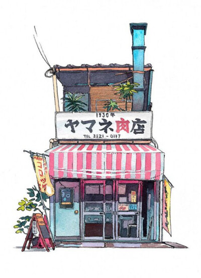 一组关于有着日本文化特色与风情的小房子手绘插画图片,来自日本插画