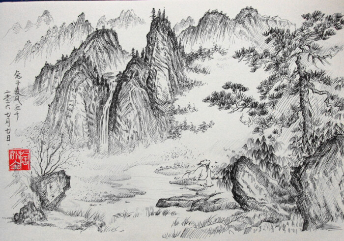 兔子凌风(陶启全)中性笔画山水手绘画画艺术