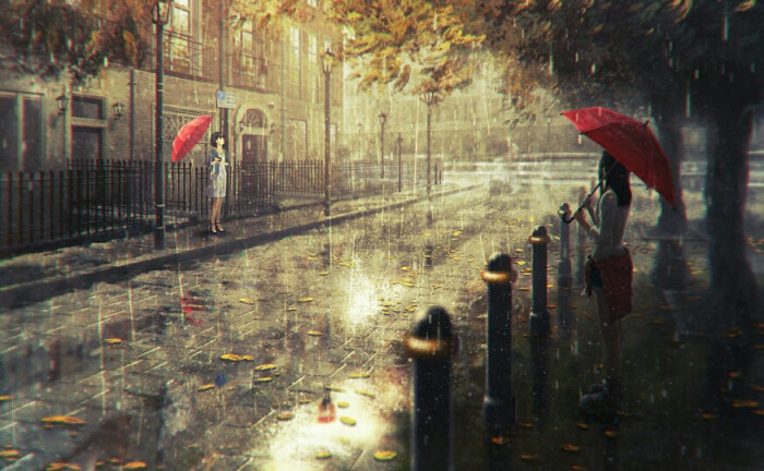 p站 插画 动漫 唯美 可爱 场景 意境 下雨 街道 少女 桌面 雨伞