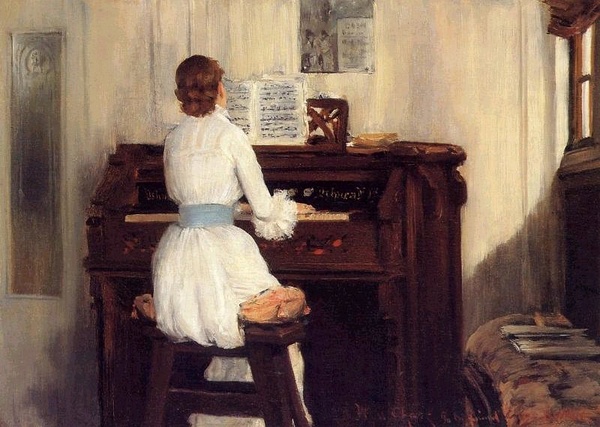 古典油画中弹钢琴的女性.