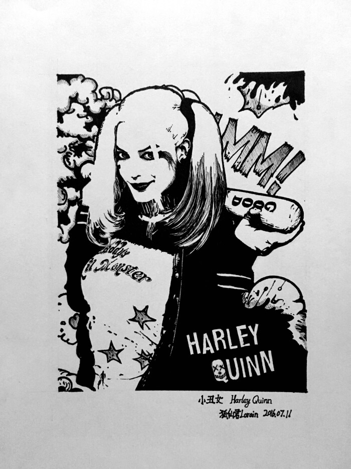 关注  harley quinn 电影 x特遣队 版画  插画 素描 线稿 手绘 人物