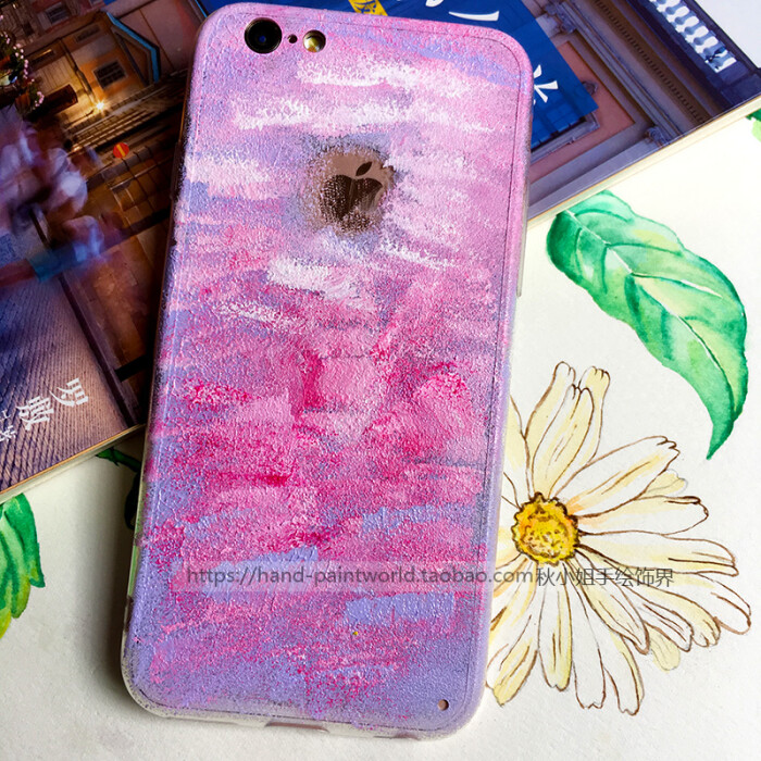 原创手工diy绘制紫霞云彩全包耐摔软壳iphone6s苹果6手机壳保护套