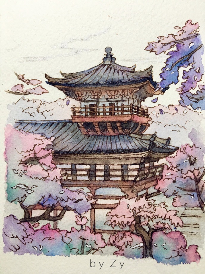 水彩手绘# 日本庭院.