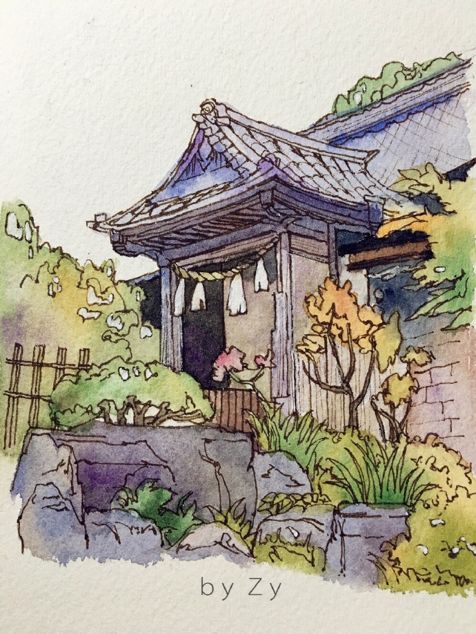水彩手绘 日本庭院.