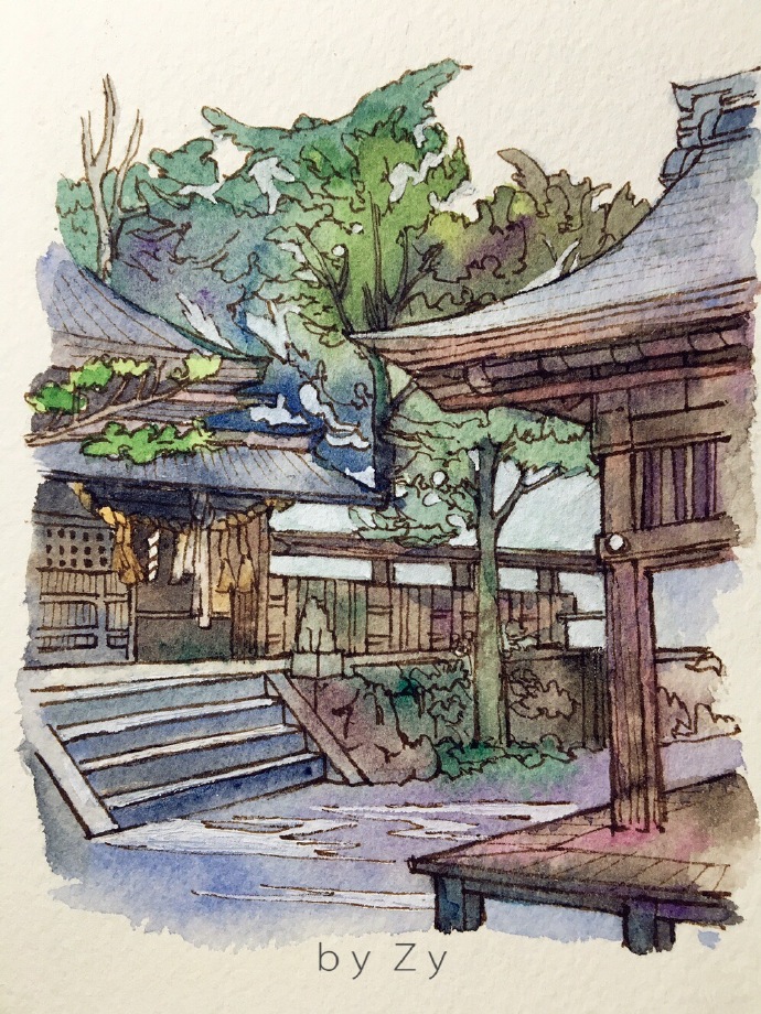 水彩手绘# 日本庭院.