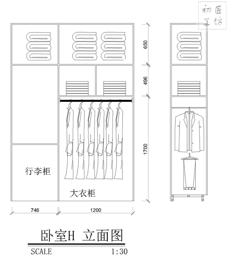 七月十七日,今天完成了衣帽间的立面图绘制,本身空间就小,拐角处就更