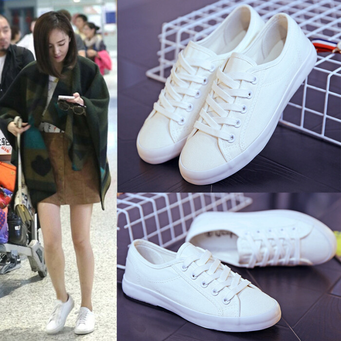 明星同款鞋文艺学生球鞋小白鞋系带韩版女白色帆布鞋子平跟布鞋夏