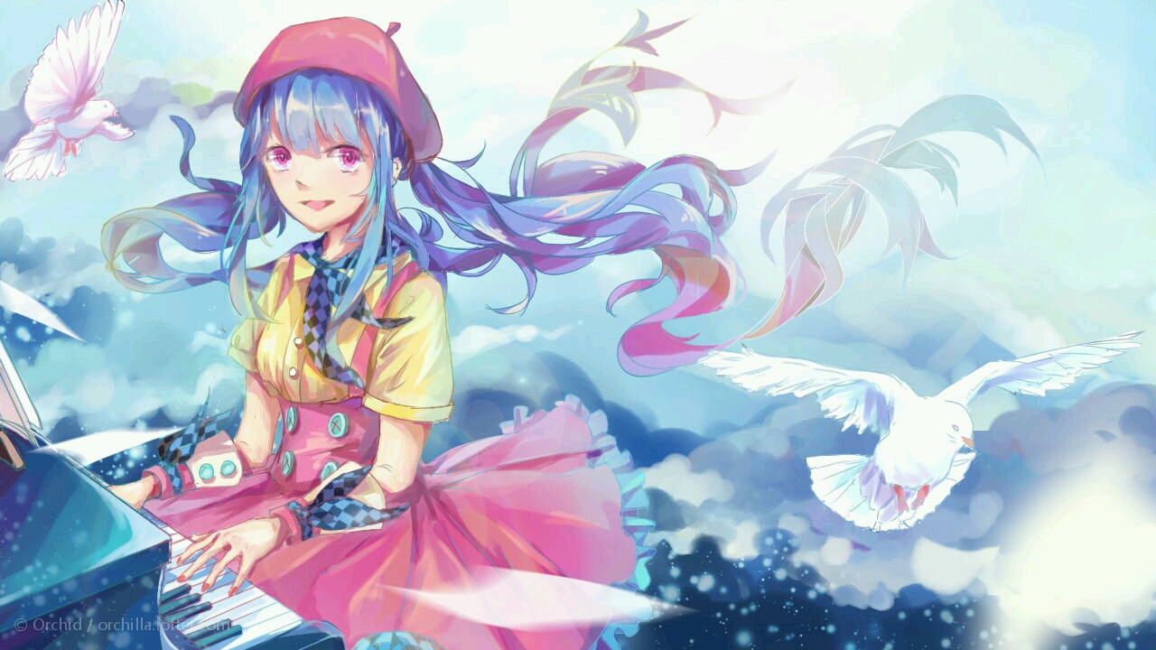 『心华』二次元 v家 心华 少女 同人 插画 原创 梦幻 意境 白鸽 钢琴