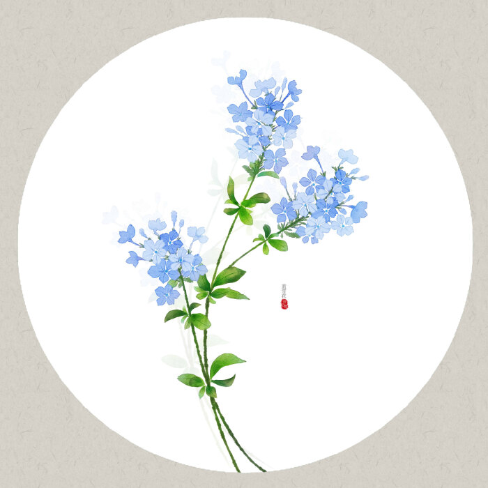 「月上雪」古风插画,水彩花卉,手绘蓝雪花