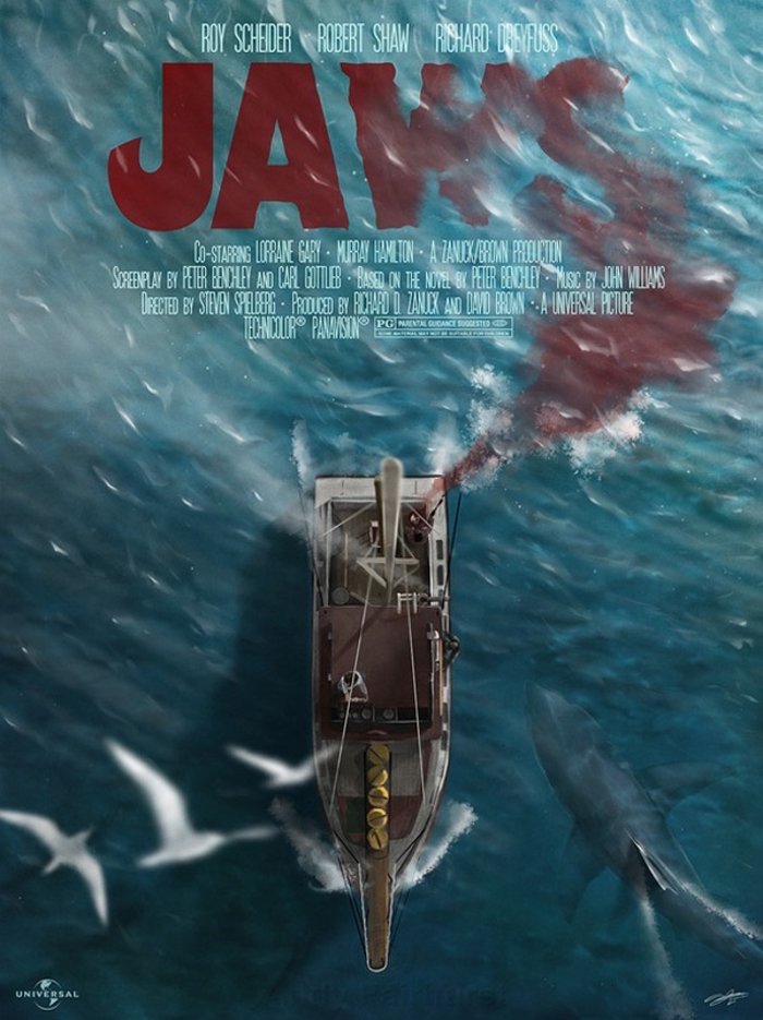 英国插画师andy fairhurst作品:《大白鲨》(jaws),他会对一些经典电影