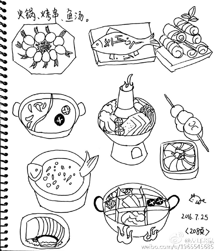 简笔画强化训练篇#简笔画5000例,208页,火锅,烤串,鱼汤.