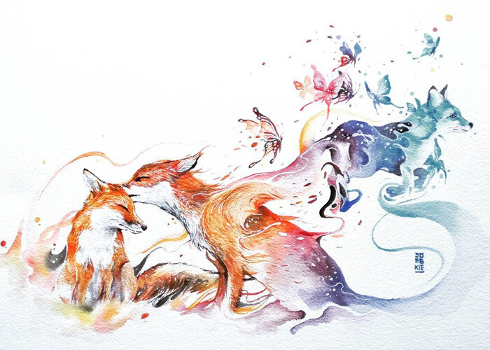 插画艺术作品# 艺术家jongkie的动物水彩画,森林之精灵