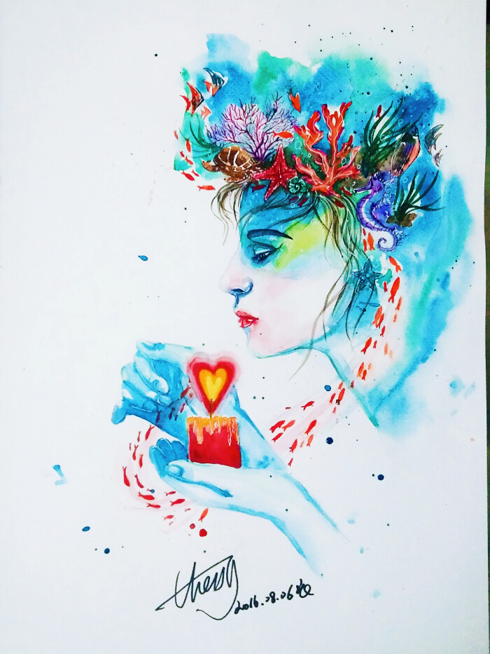 海洋之爱~手绘 水彩 人物 插画 水彩插画 …-堆糖