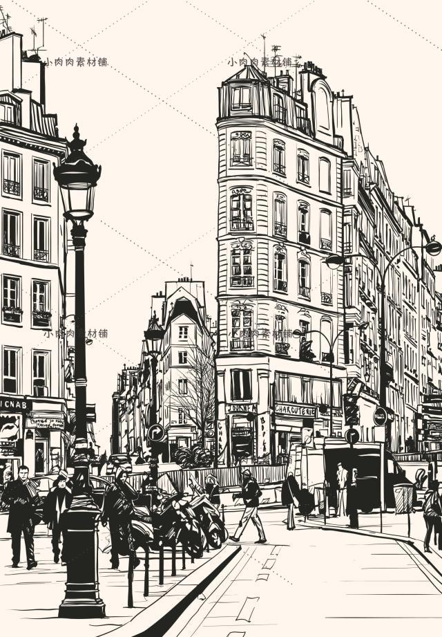 复古铅笔手绘素描城市高楼建筑eps矢量图片海报背景素材ai18