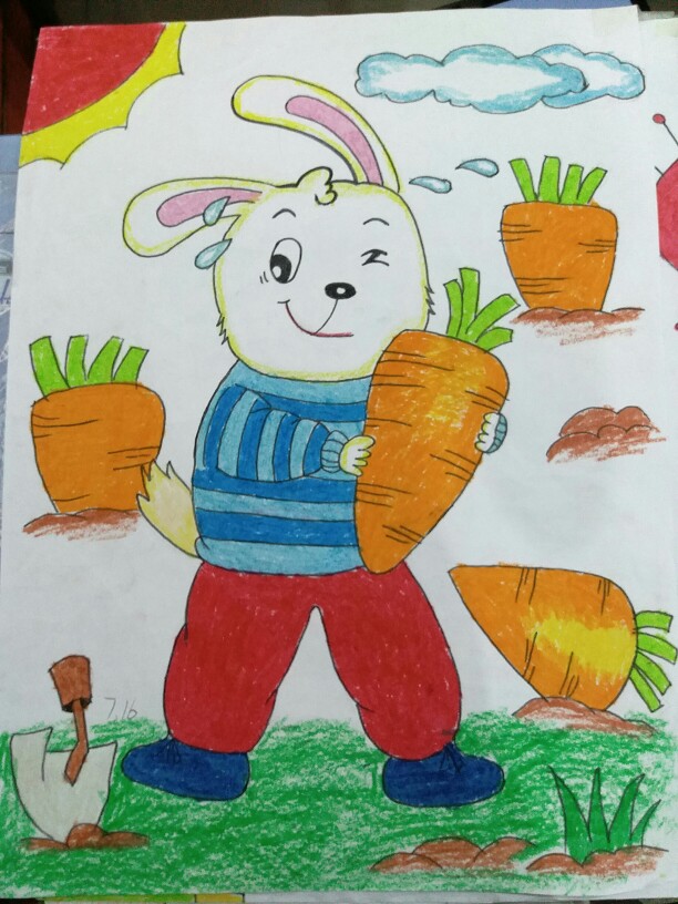 儿童画素材拔萝卜的兔子