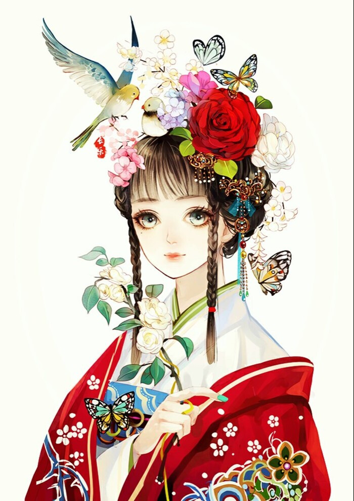 cg 原画 古风手绘插图 古装红衣 花卉头饰
