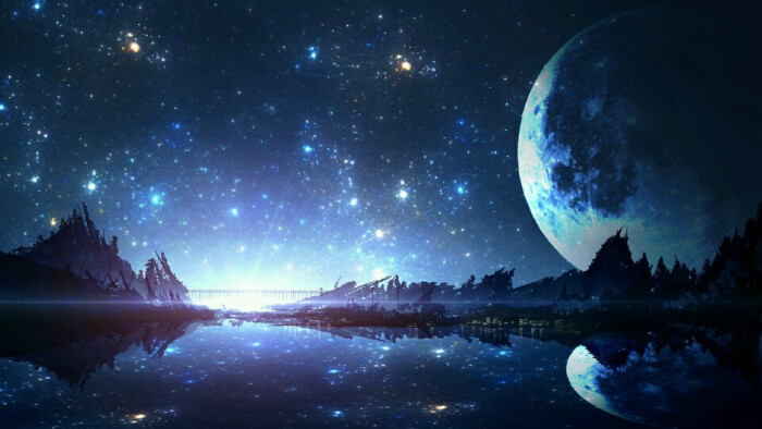 风景 背景 意境 壁纸 p站 夜晚 蓝色 蓝色系 冷色系 水湖 圆月 星空