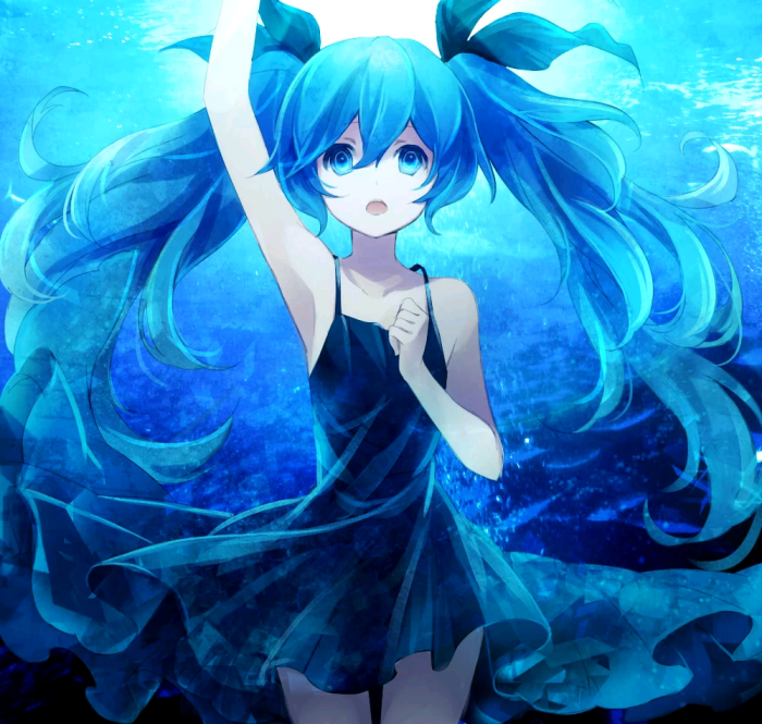 海初音 黑色吊带 双马尾 二次元 海底少女 浮动