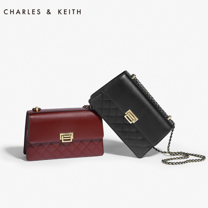 charles&keith 菱格链条包 ck220680434 欧美纯色女式单肩包