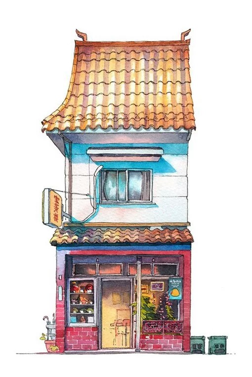 powell 的水彩画作品,有着日本文化特色与风情的小房子手绘插画图片
