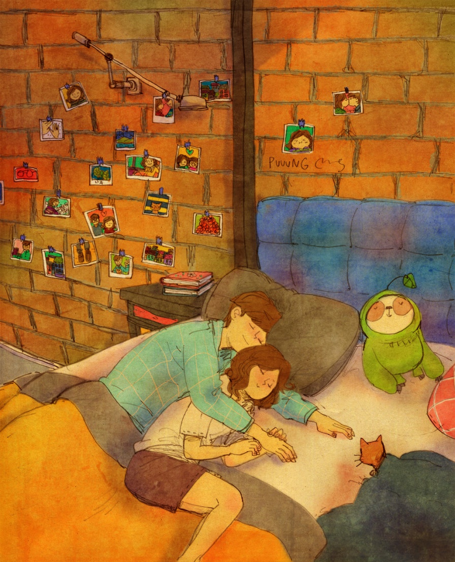 韩国插画家puuung1()将自己与爱人的生活工作画面用画笔记录下来,张张