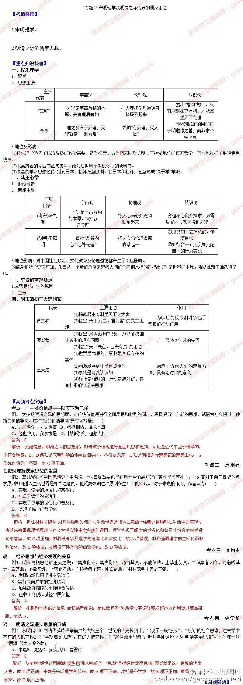 高考历史 专题25 宋明理学及明清之际活跃的儒家思想