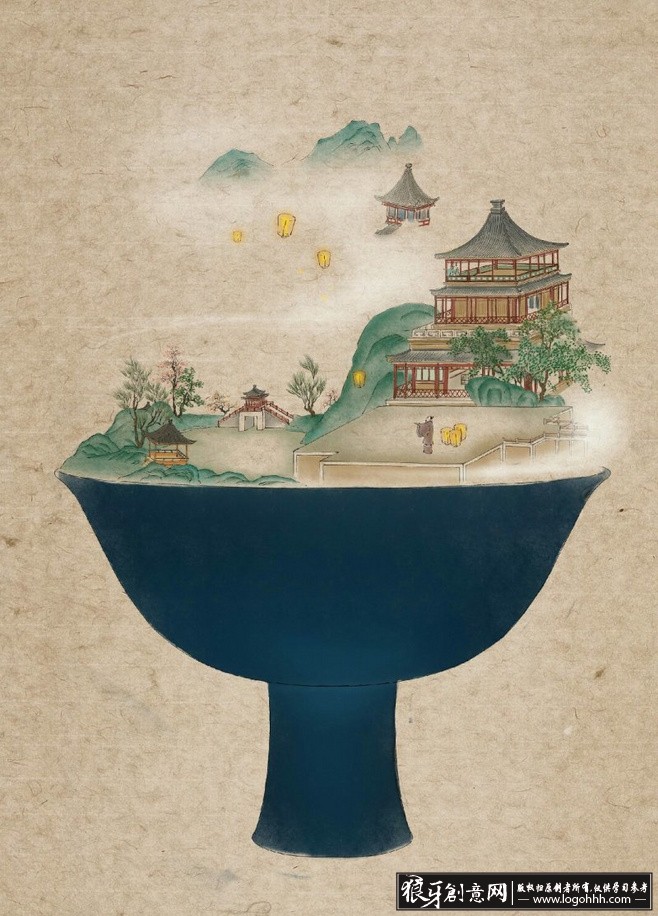 中国风 中国画杯中趣 餐饮海报 餐饮广告 舌尖上的中国 山水画 工笔画