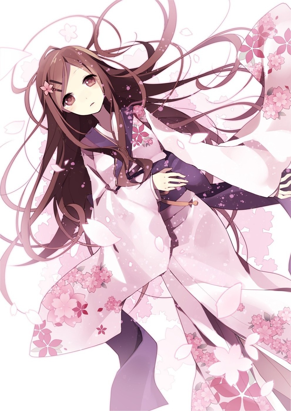 sakura*关雪樱&和服少女的长发铺在地上,散落着点点樱花花瓣