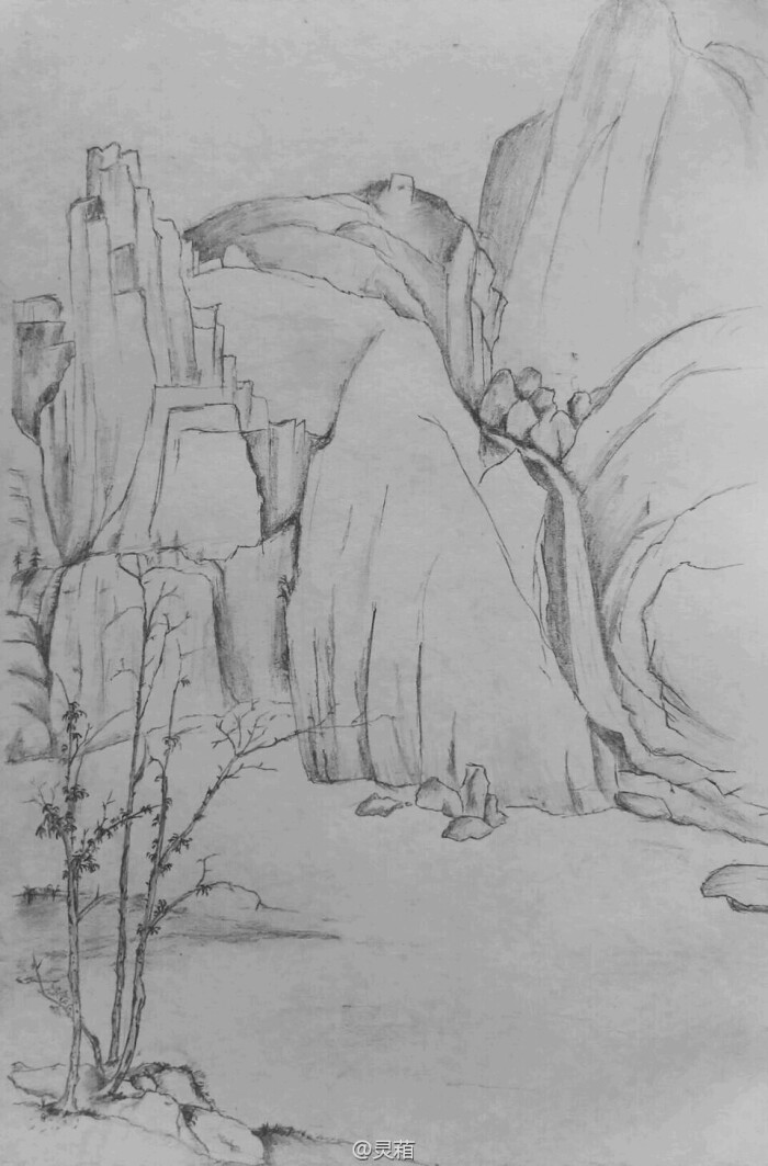 铅笔临摹清朝画家弘仁的一幅山水画《长林逍遥图》