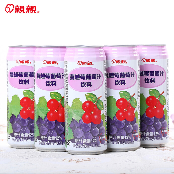 台湾进口果汁饮料亲亲蔓越莓葡萄汁饮料大份量490ml*5罐装