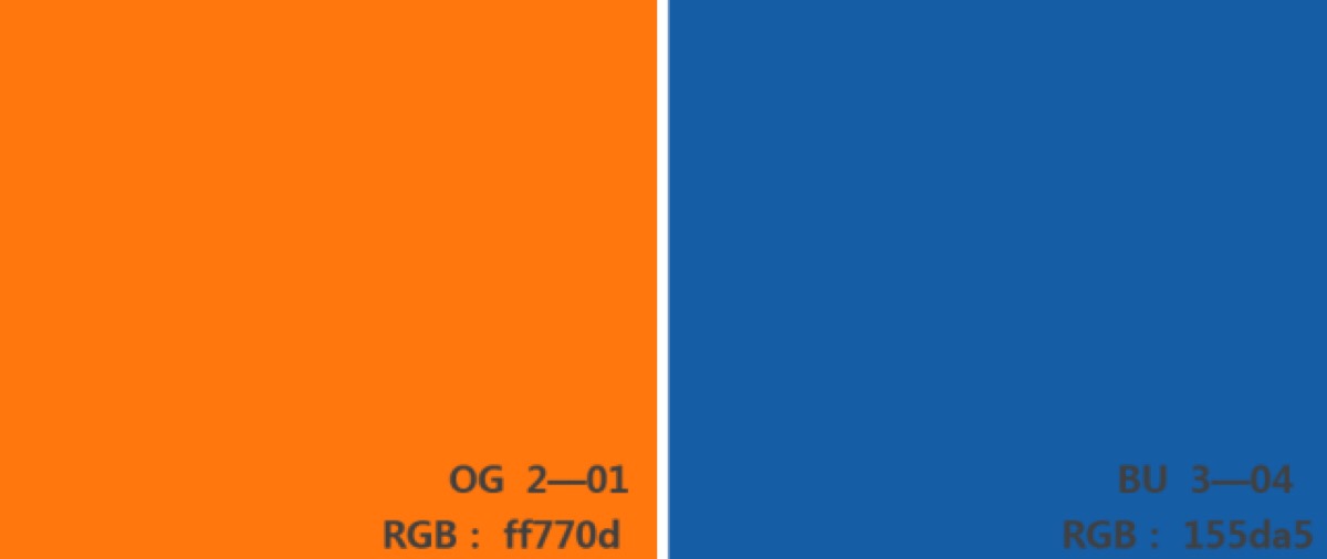 低灰度高饱和度的爱马仕橙搭配近似灰度饱和度的对比色维多利亚蓝