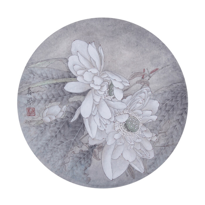 蔡春明原创工笔花鸟画,淡彩,线条,梗,荷花,草,工笔小品