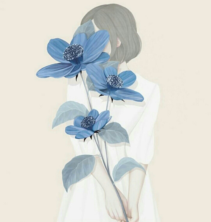 洗尽铅华的美好手绘花朵女孩白裙子头像女生 蓝色复古短发
