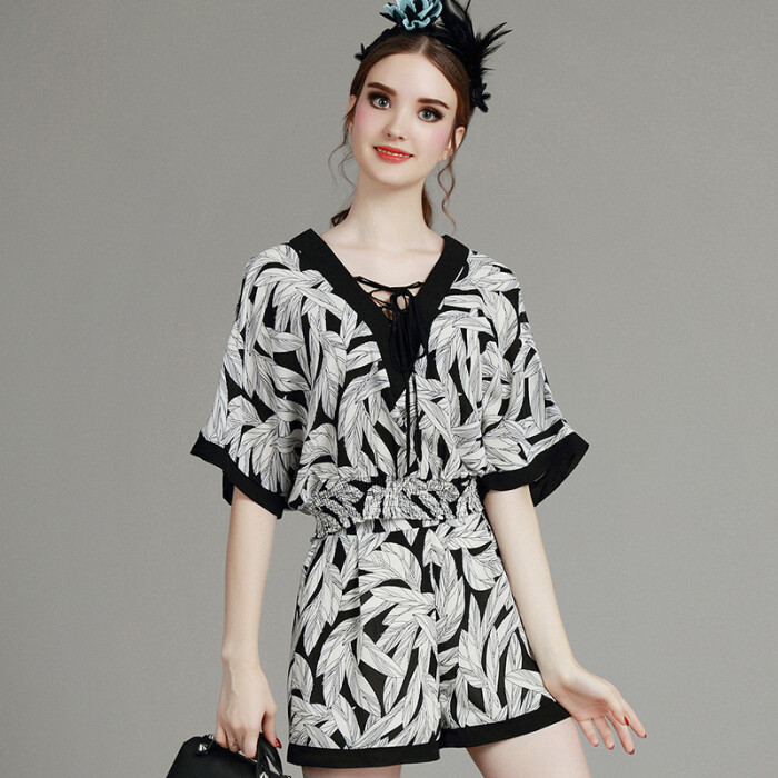 MIUCO女装2016夏季新款树叶印花露肩蝙蝠袖