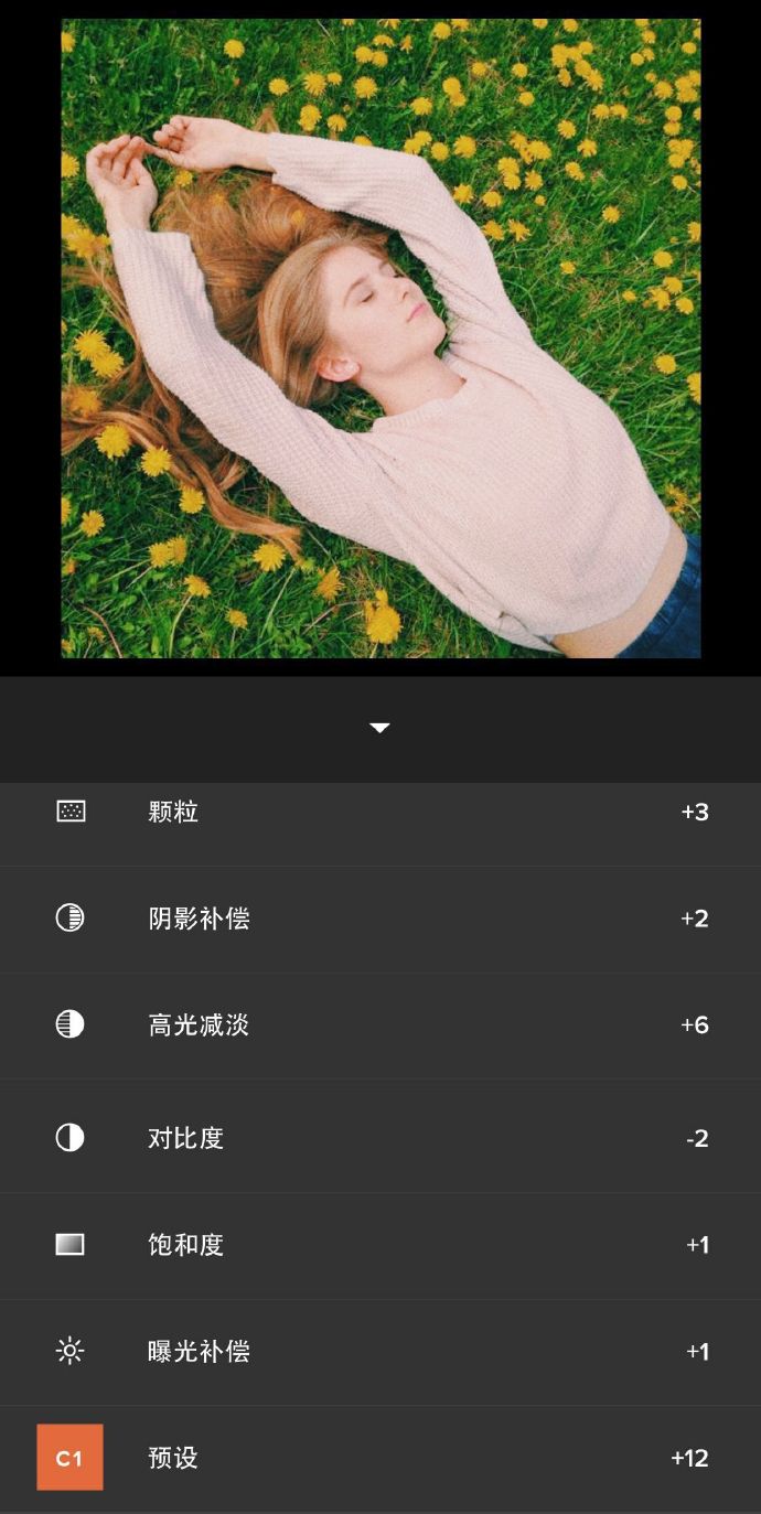 vsco  欧美复古小清新> 调色步骤:滤镜c1 12曝光补偿 1饱和度 1对比度