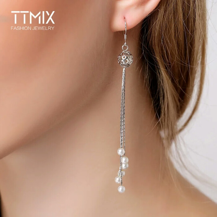 ttmix925银镂空超长流苏耳环长款 多颗贝珠气质优雅耳钩女士耳坠