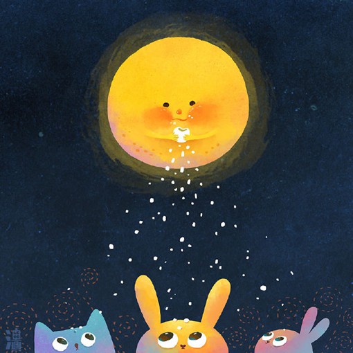 来自插画师little oil的童话系唯美梦幻插画,月亮,星空与梦境,仿佛在